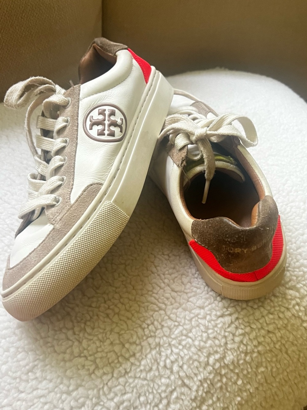 Tory Burch White Leather Sneakers with Taupe Suede and Red Heel Detail